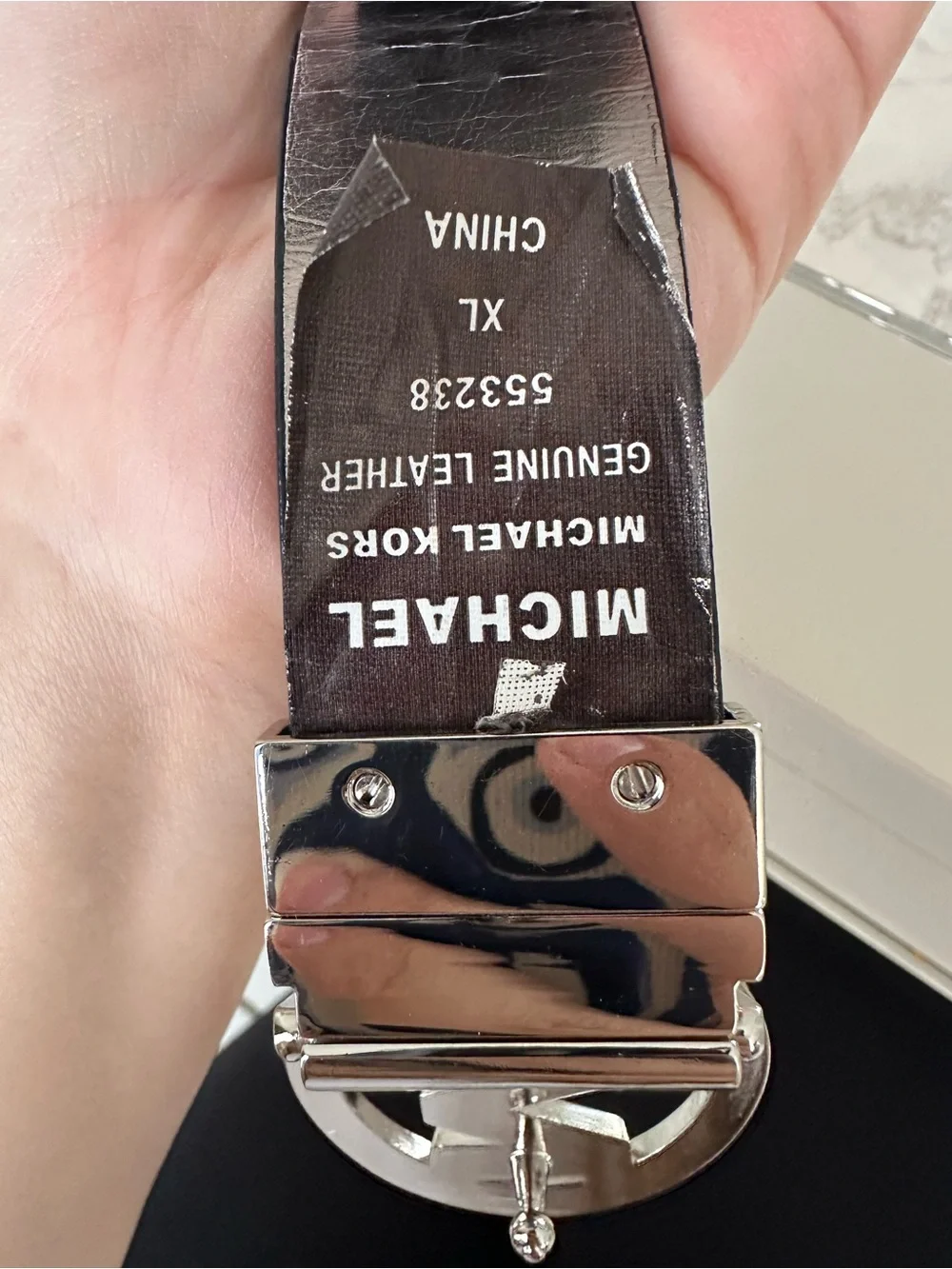 Michael Kors Reversible Black Leather Belt with Silver MK Circle Buckle